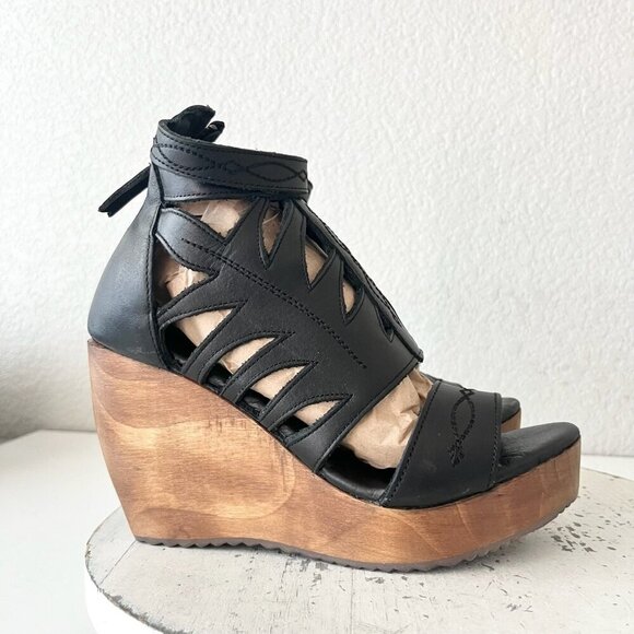 Lane Boots BECCA Womens Black Wedges 7.5 Western Sandals Cowgirl Leather Heels - Picture 3 of 11